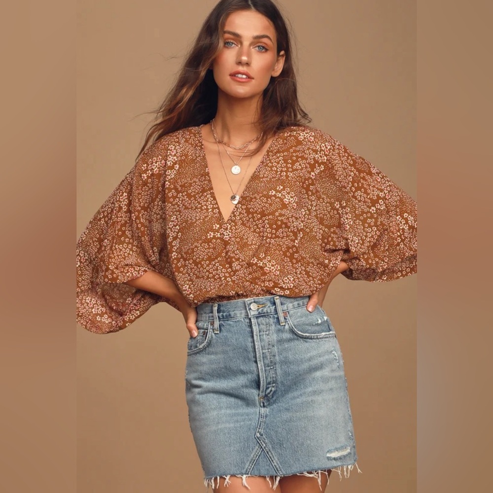 Lulu’s - Promises Kept Brown Floral Print Sheer Smocked Top